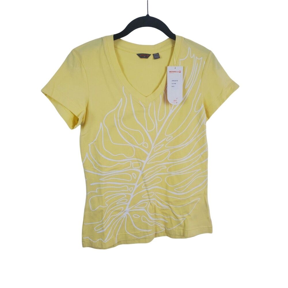 Merrell Top Womens S/P Short Sleeve V Neck‎ Yellow White NWT Casual Shirt